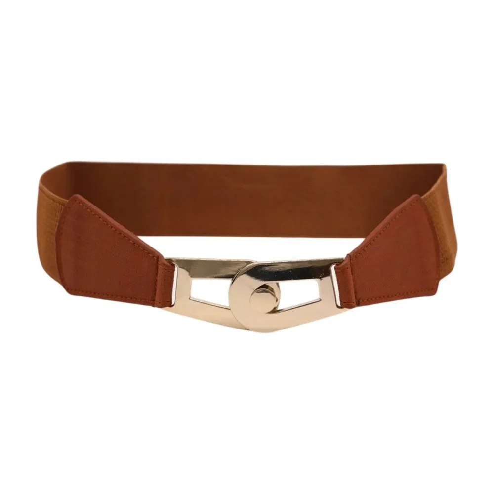 Women Brown Elastic Skinny Waistband Hip Waist Belt Gold Metal Buckle S M z046 - Picture 10 of 13